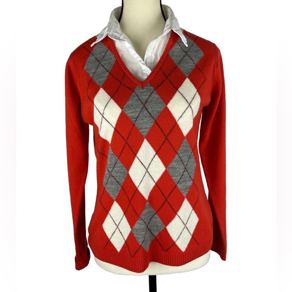 Burma Argyle orange & grey sweater sz S made in Uruguay v-neck long sleeve